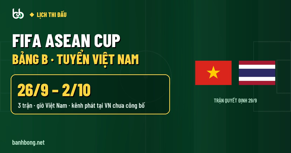 Lịch thi đấu FIFA ASEAN Cup 2026 tuyển Việt Nam: giờ VN, xem ở đâu