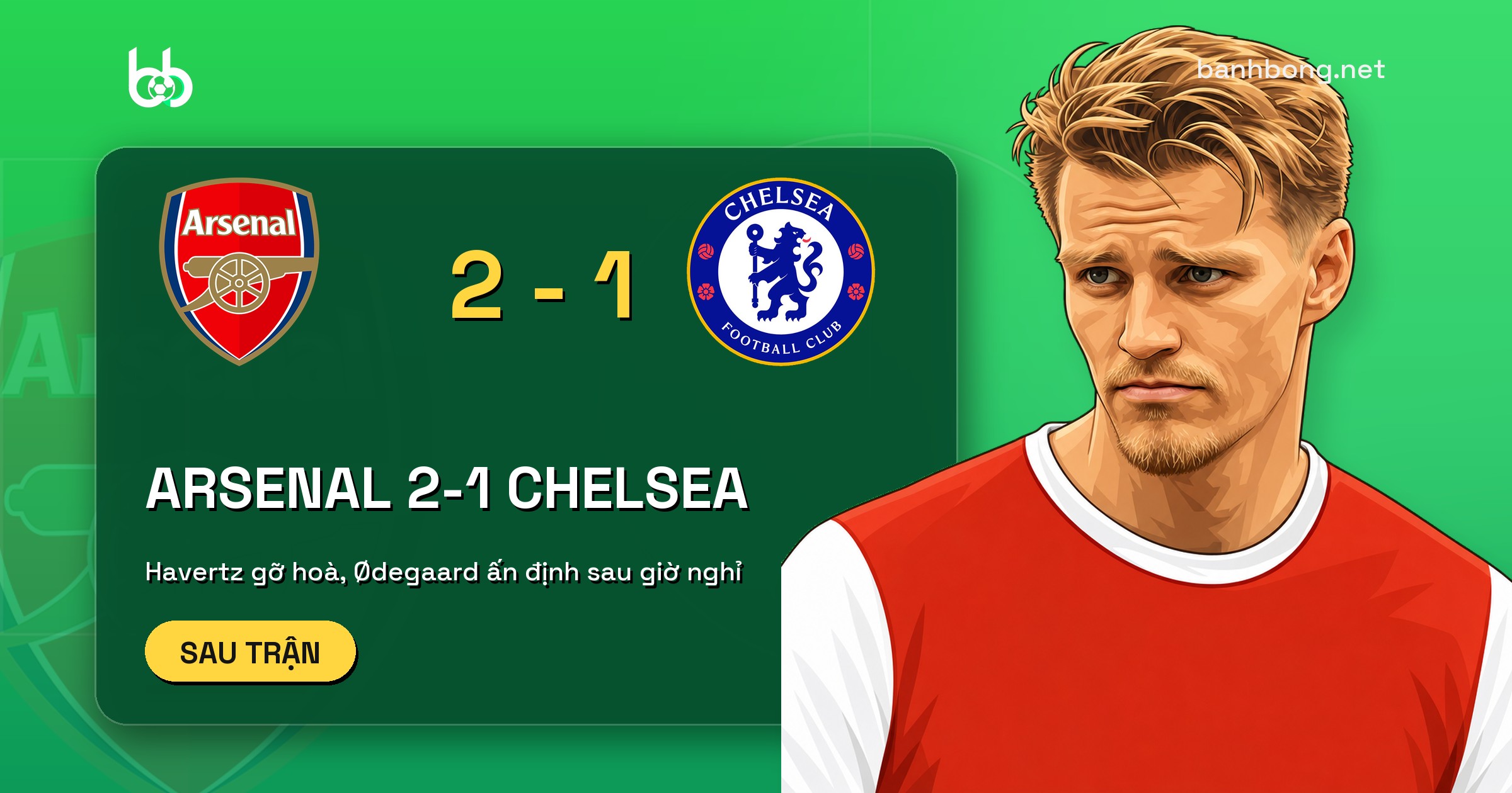 Arsenal ngược dòng hạ Chelsea 2-1, Havertz và Ødegaard lập công