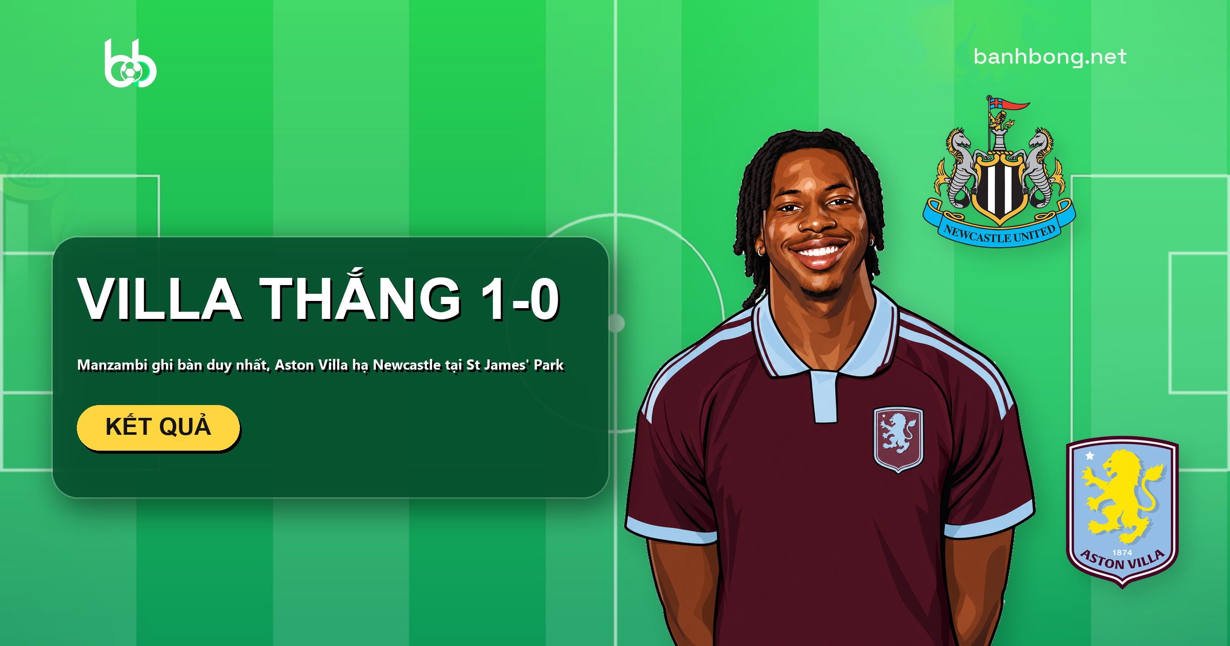 Aston Villa thắng Newcastle 1-0, Manzambi ghi bàn duy nhất tại St James’ Park