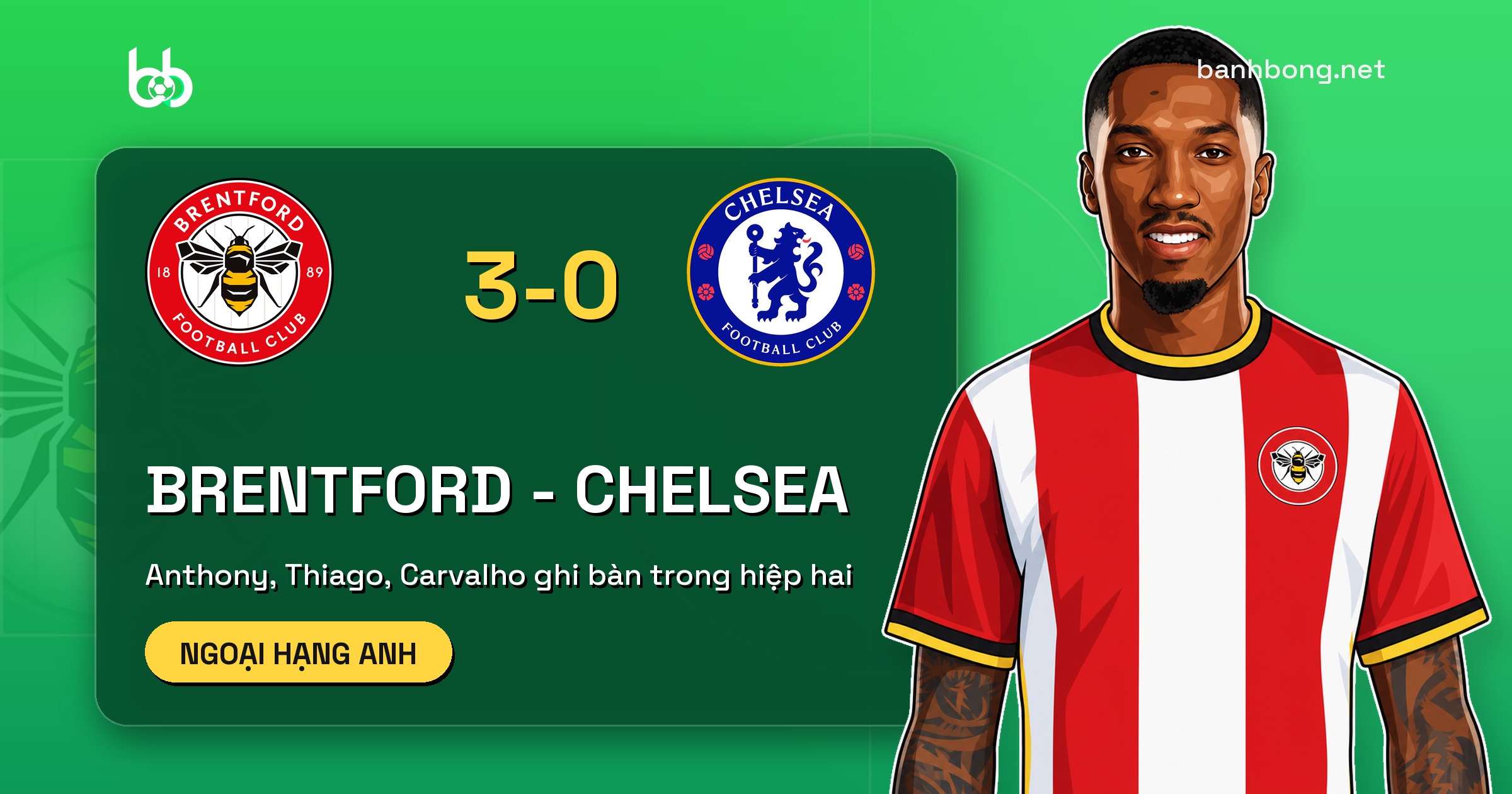 Brentford thắng Chelsea 3-0, lần đầu thắng Chelsea trên sân nhà kể từ 1938