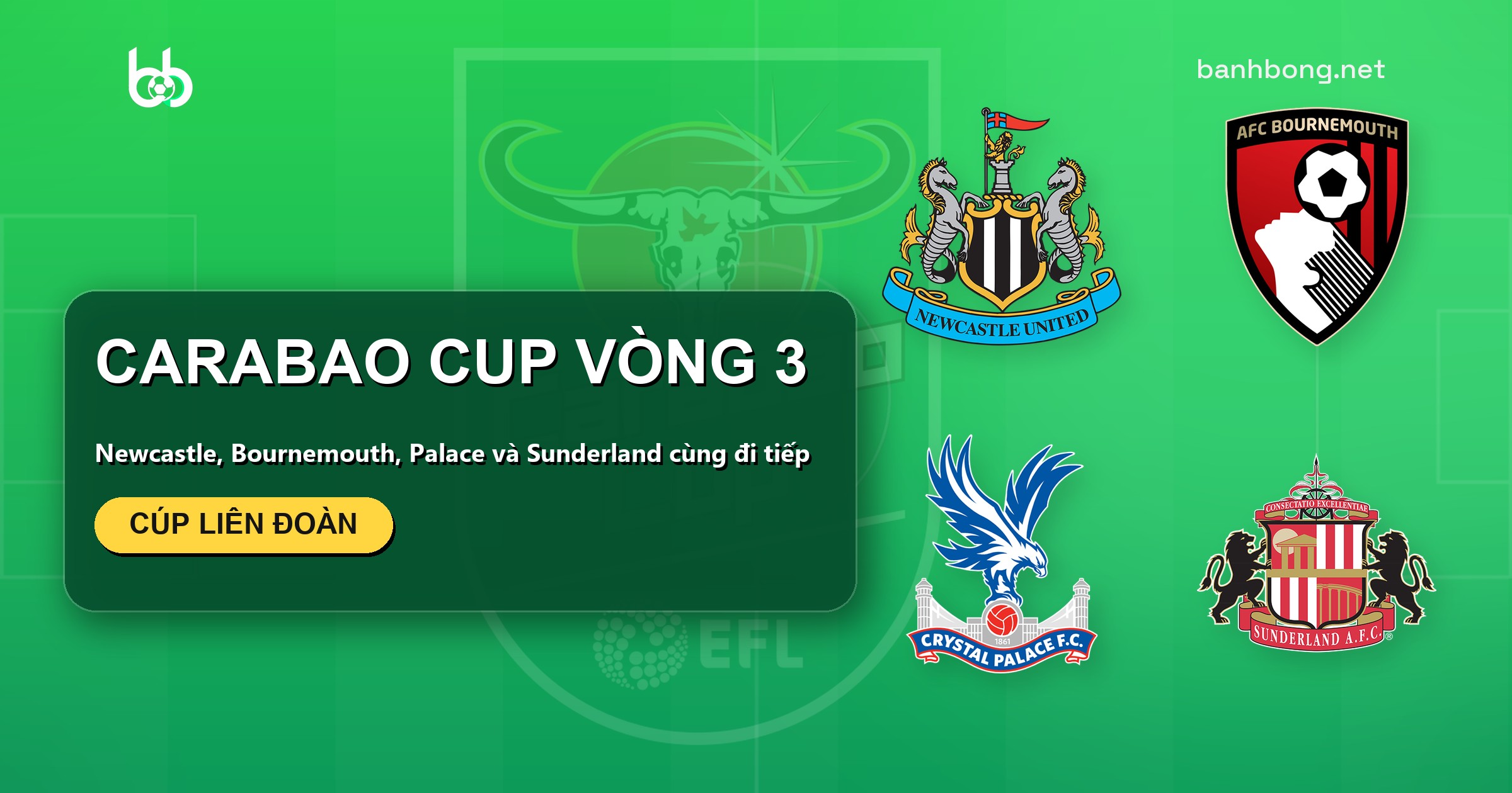 Carabao Cup vòng 3: Newcastle, Bournemouth, Palace và Sunderland cùng đi tiếp