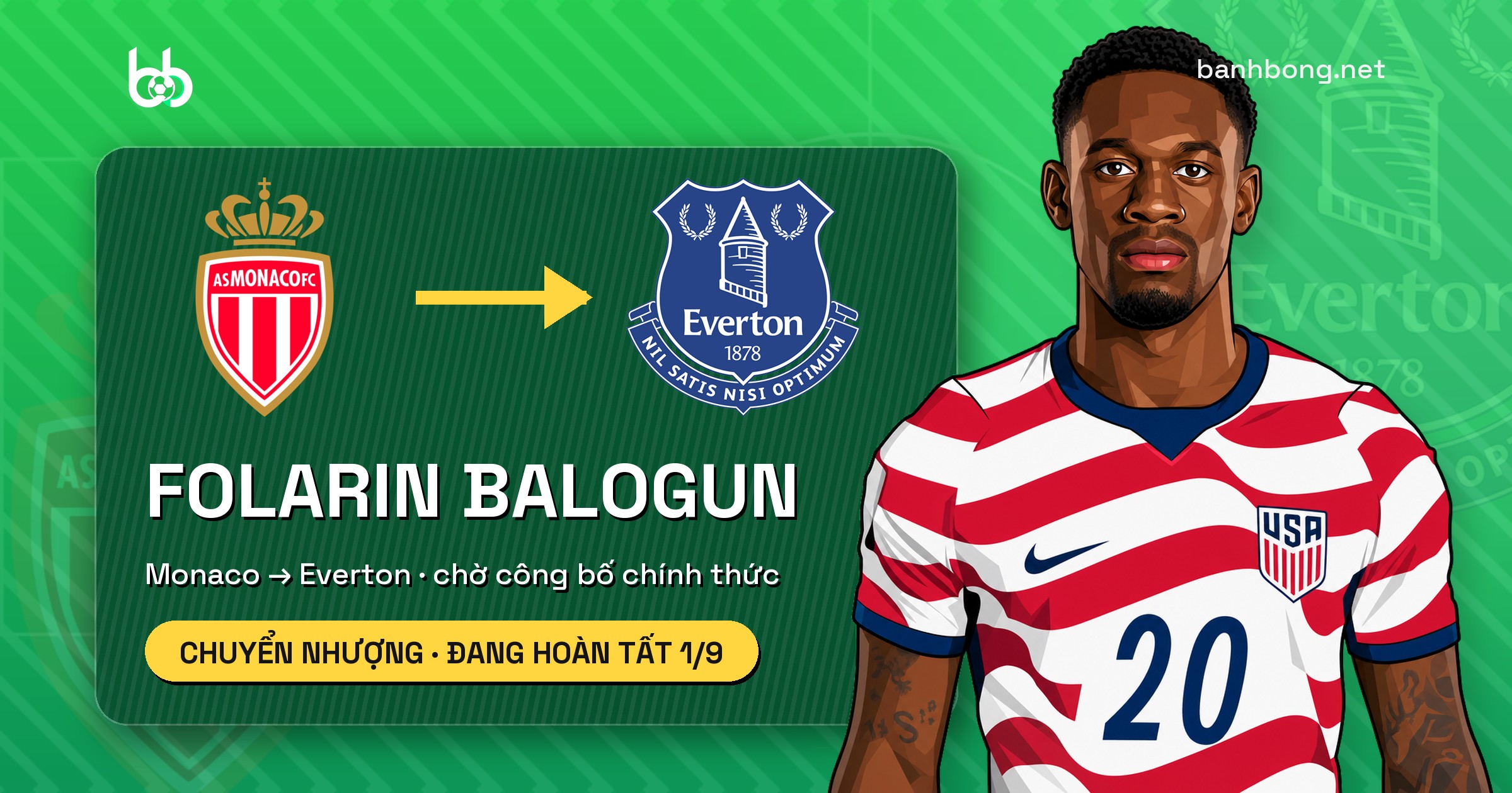 Everton đạt thoả thuận chiêu mộ Folarin Balogun từ Monaco, chờ kiểm tra y tế