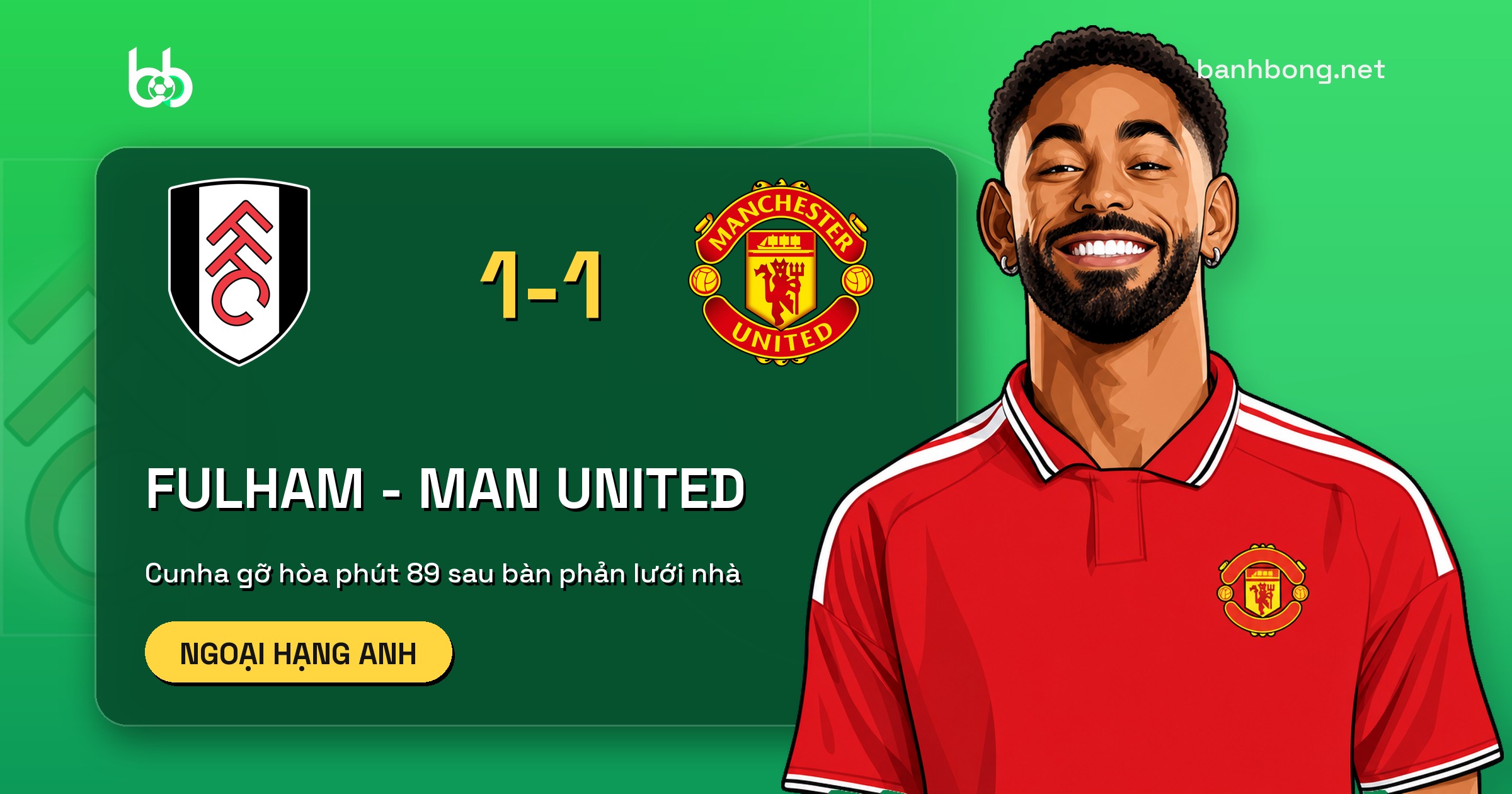Fulham hòa Man United 1-1, Cunha gỡ hòa phút 89 sau bàn phản lưới nhà của Martínez