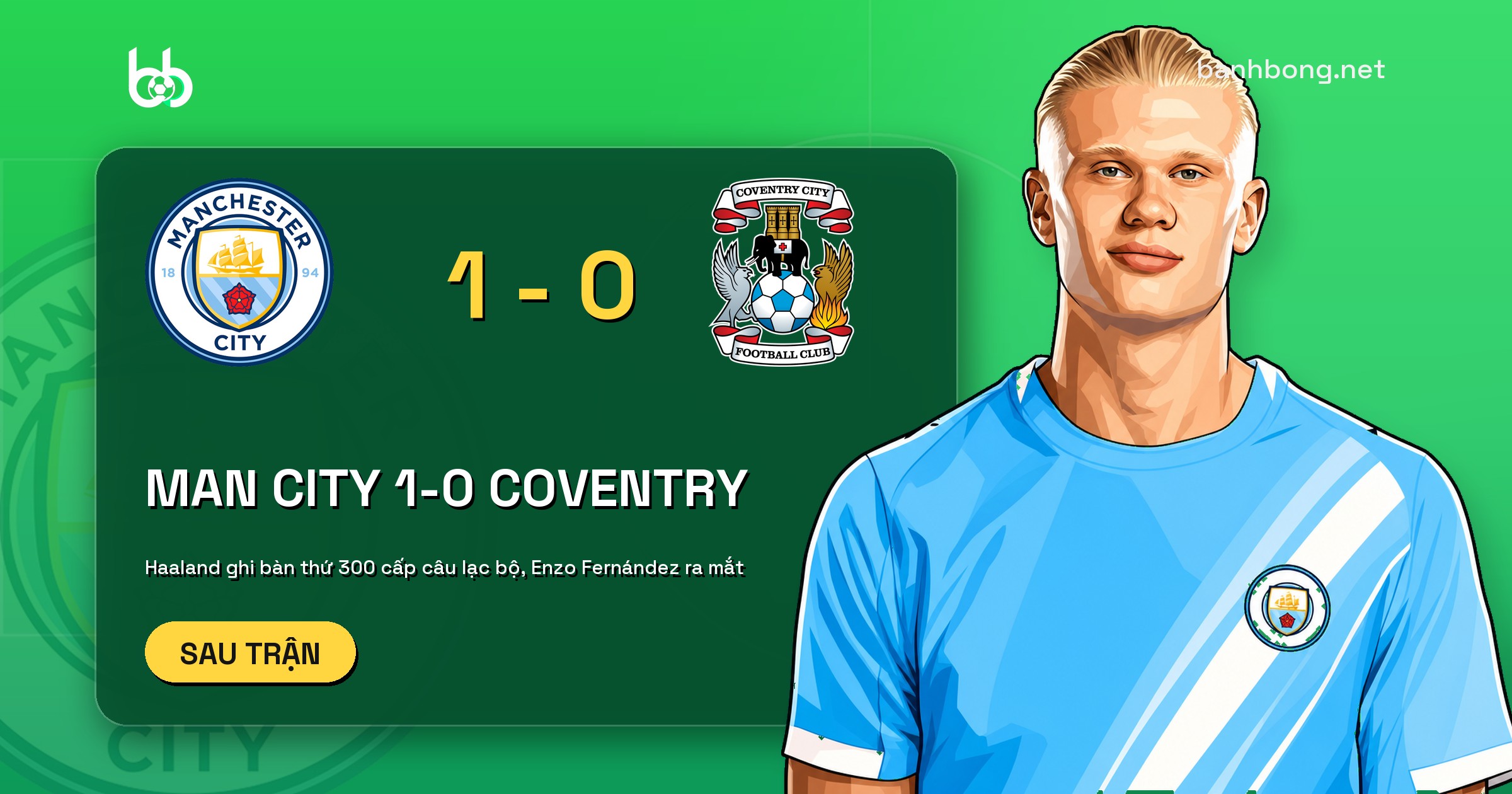 Haaland ghi bàn thứ 300 cấp câu lạc bộ, Man City thắng Coventry 1-0