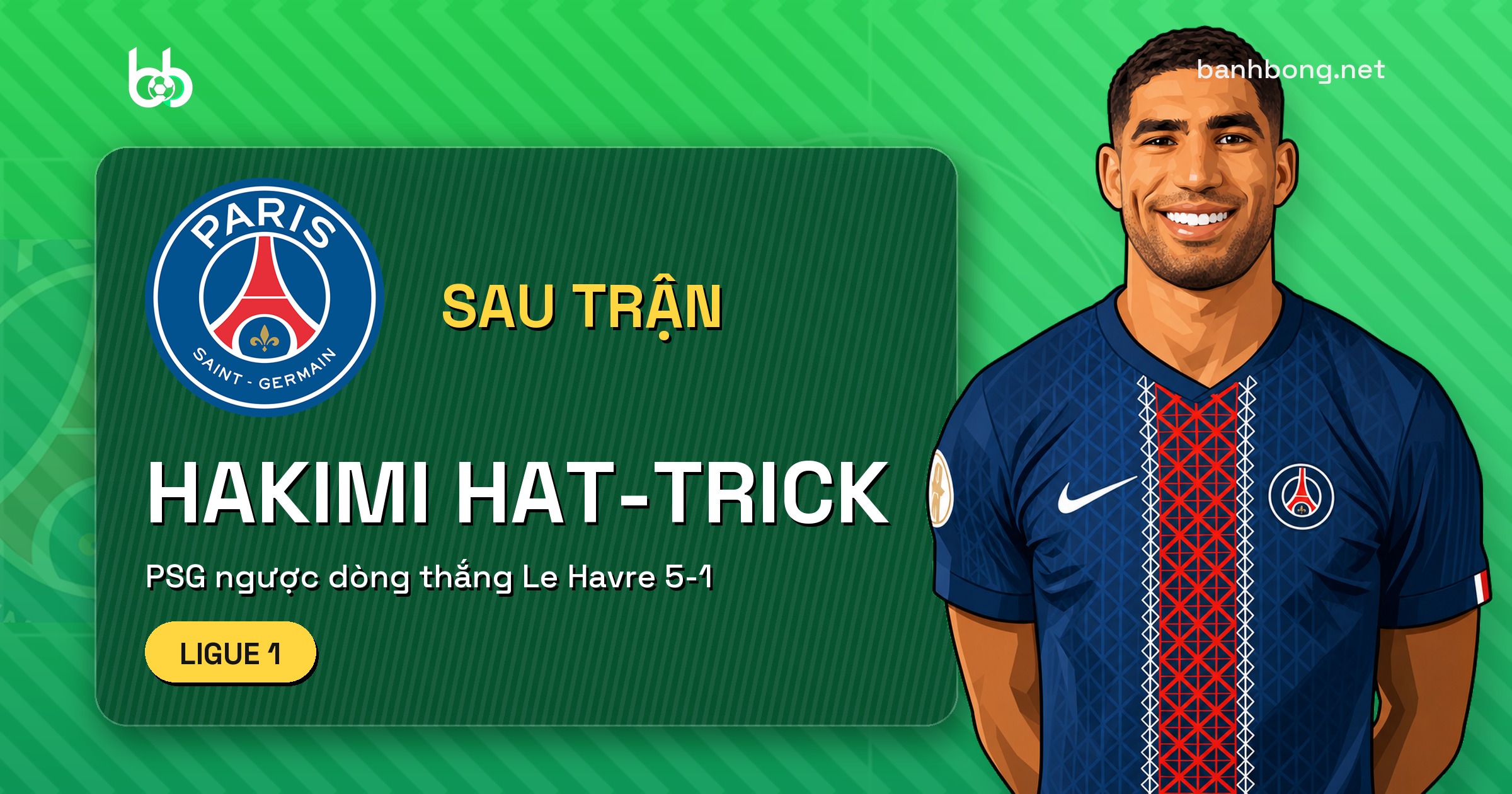 Hakimi lập hat-trick, PSG ngược dòng thắng Le Havre 5-1