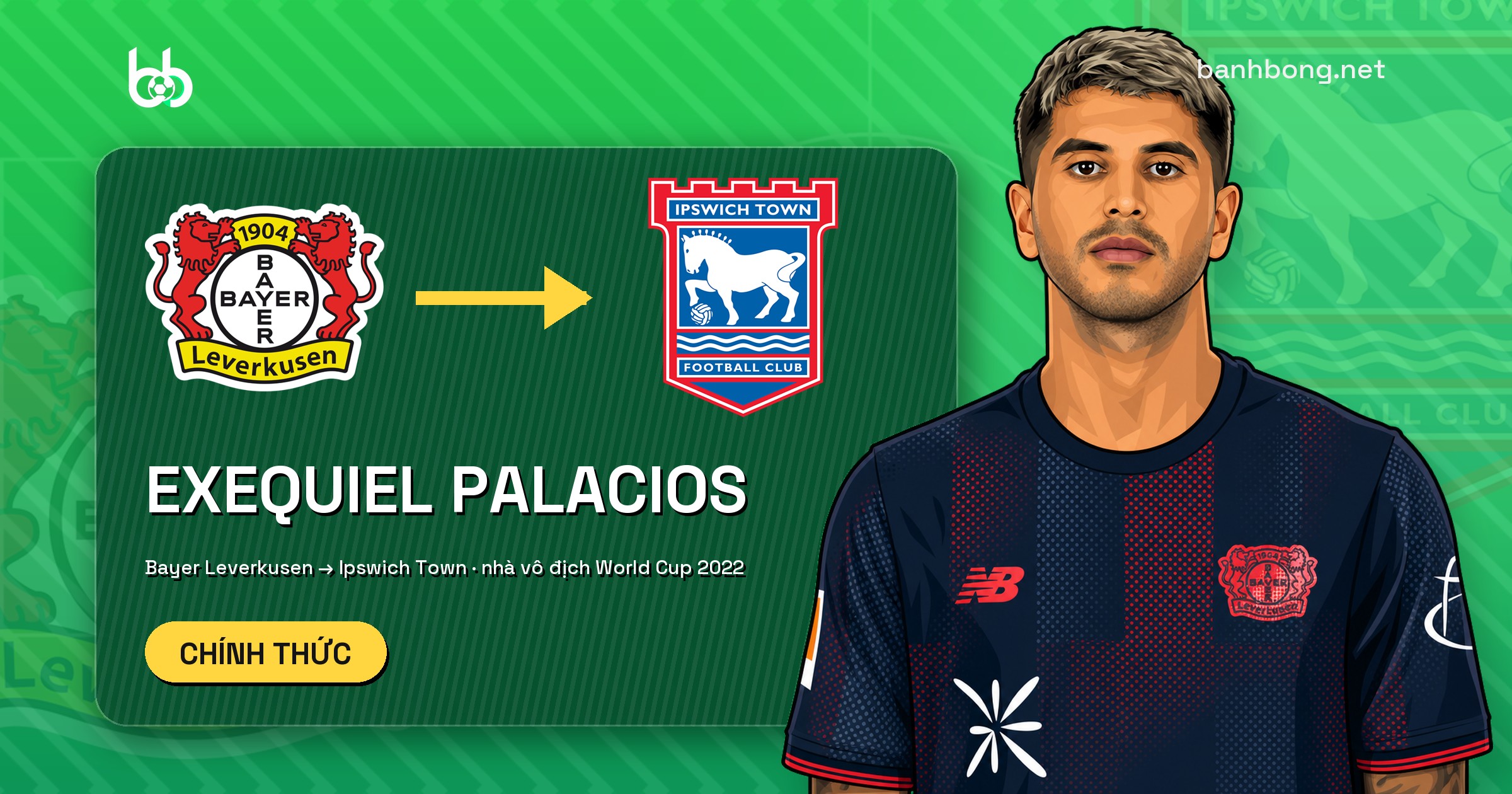 Ipswich Town chính thức ký Exequiel Palacios từ Bayer Leverkusen