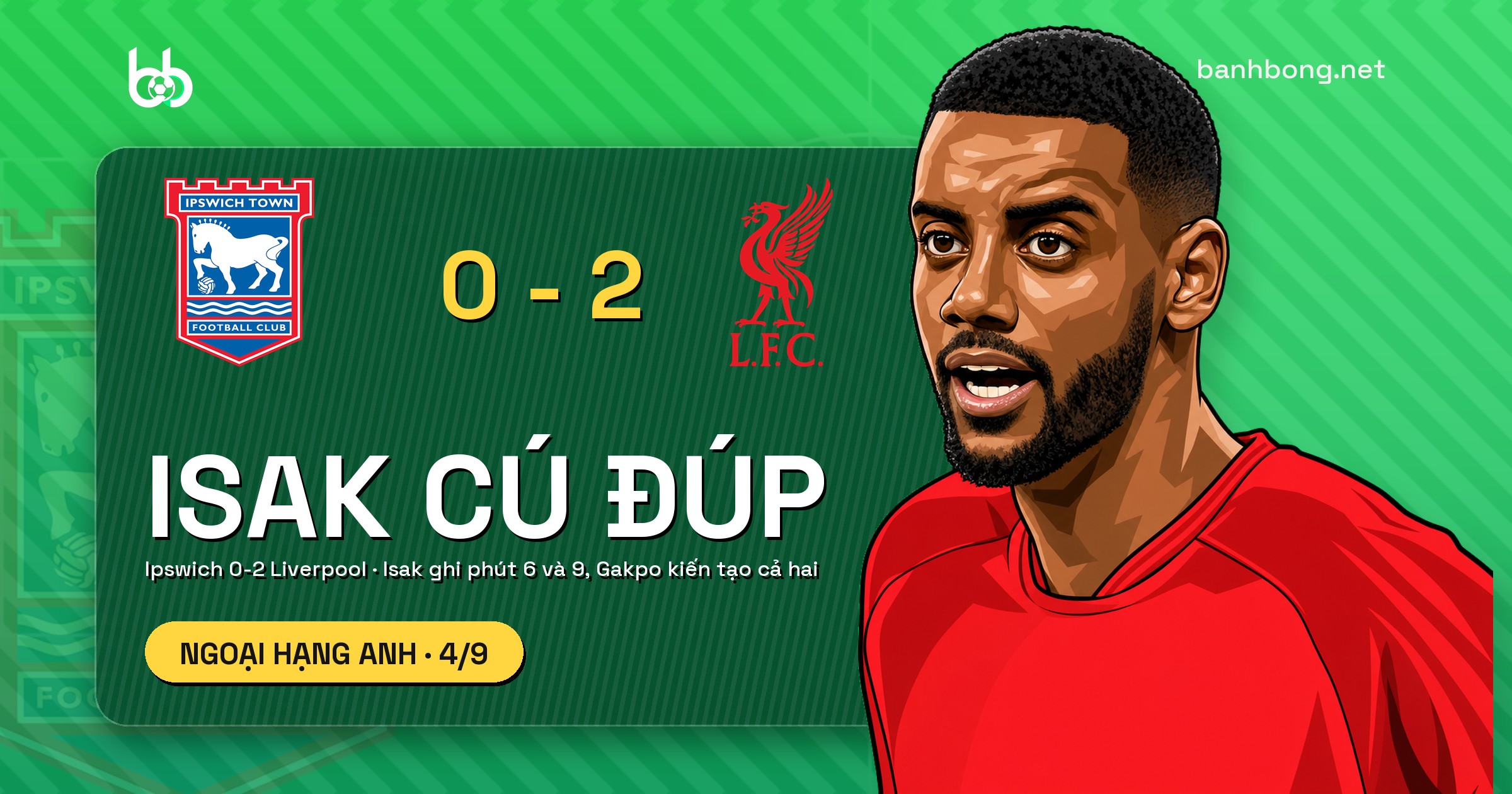 Isak lập cú đúp trong 9 phút, Liverpool thắng Ipswich 2-0 và có 3 điểm đầu tiên