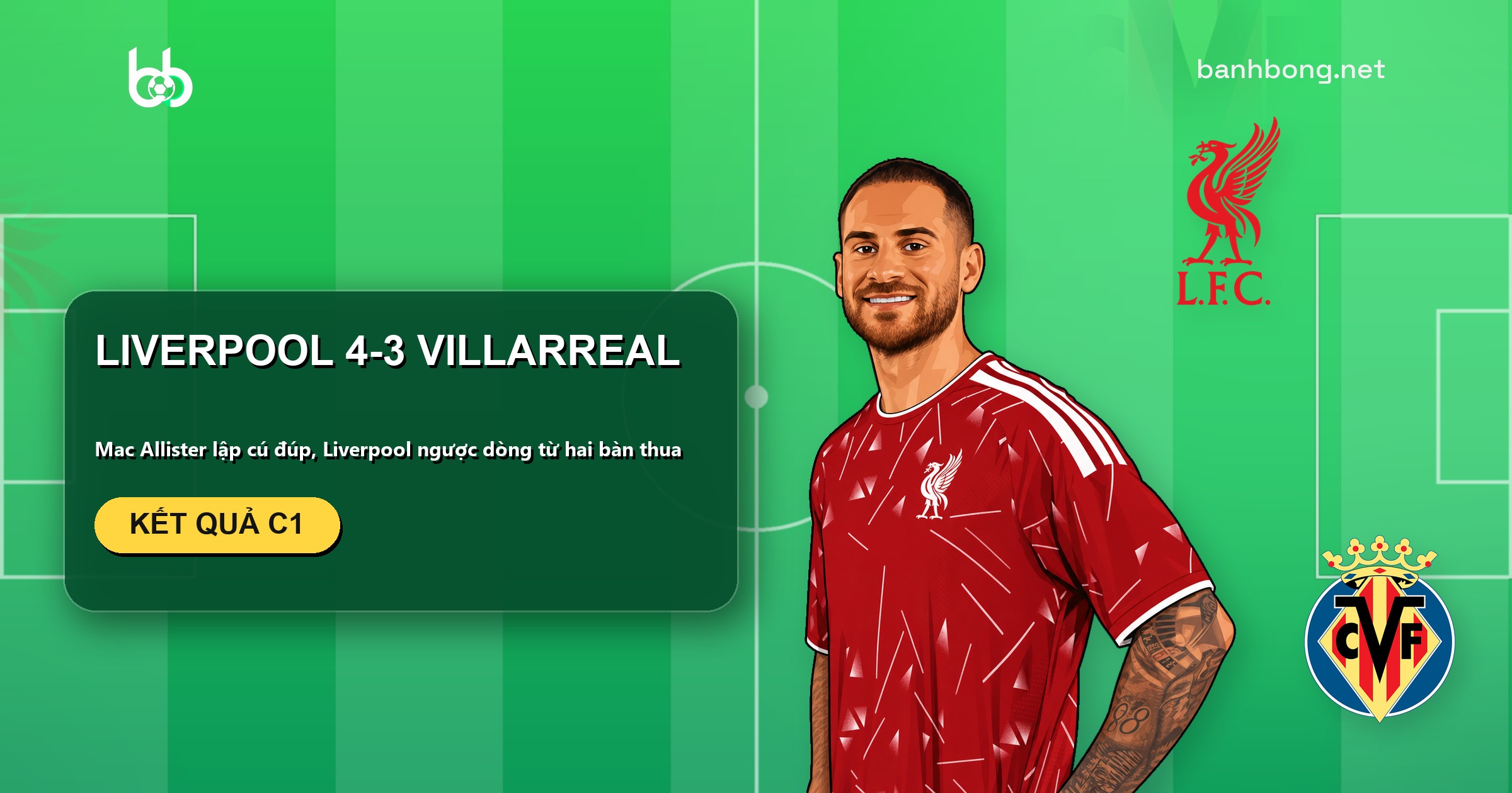 Liverpool ngược dòng thắng Villarreal 4-3, Mac Allister lập cú đúp ở Champions League