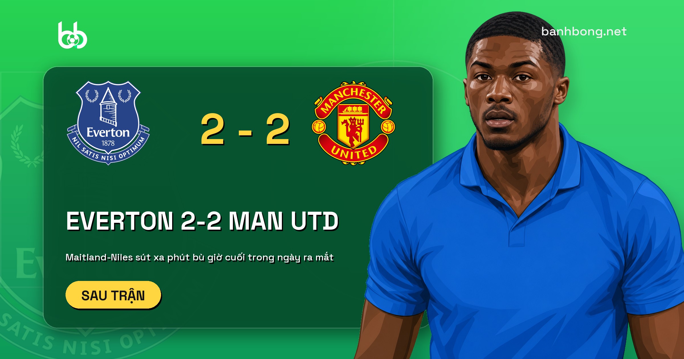 Maitland-Niles sút xa phút 90+6, Everton cầm hòa Manchester United 2-2