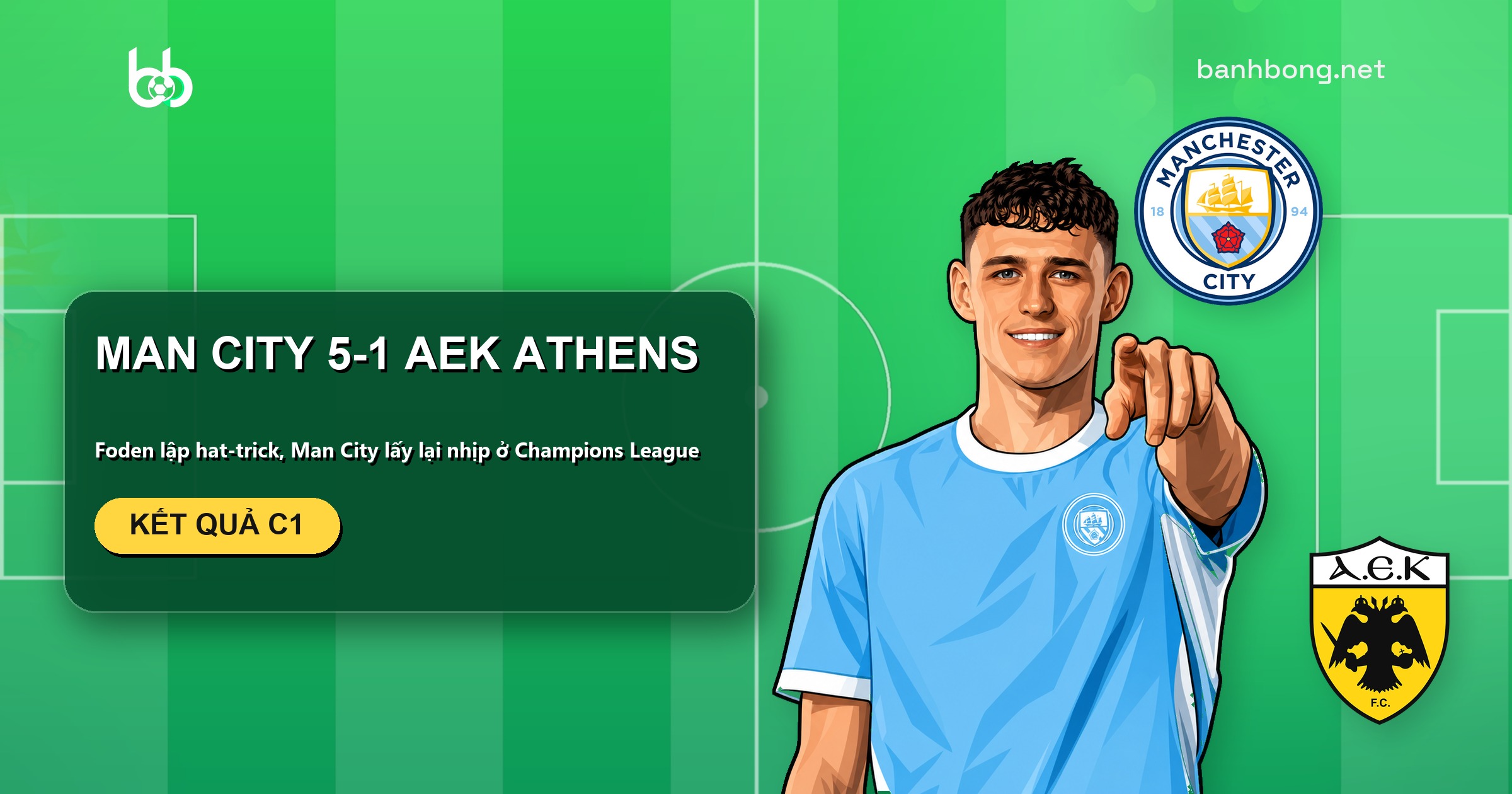 Foden lập hat-trick, Man City thắng AEK Athens 5-1 ở Champions League