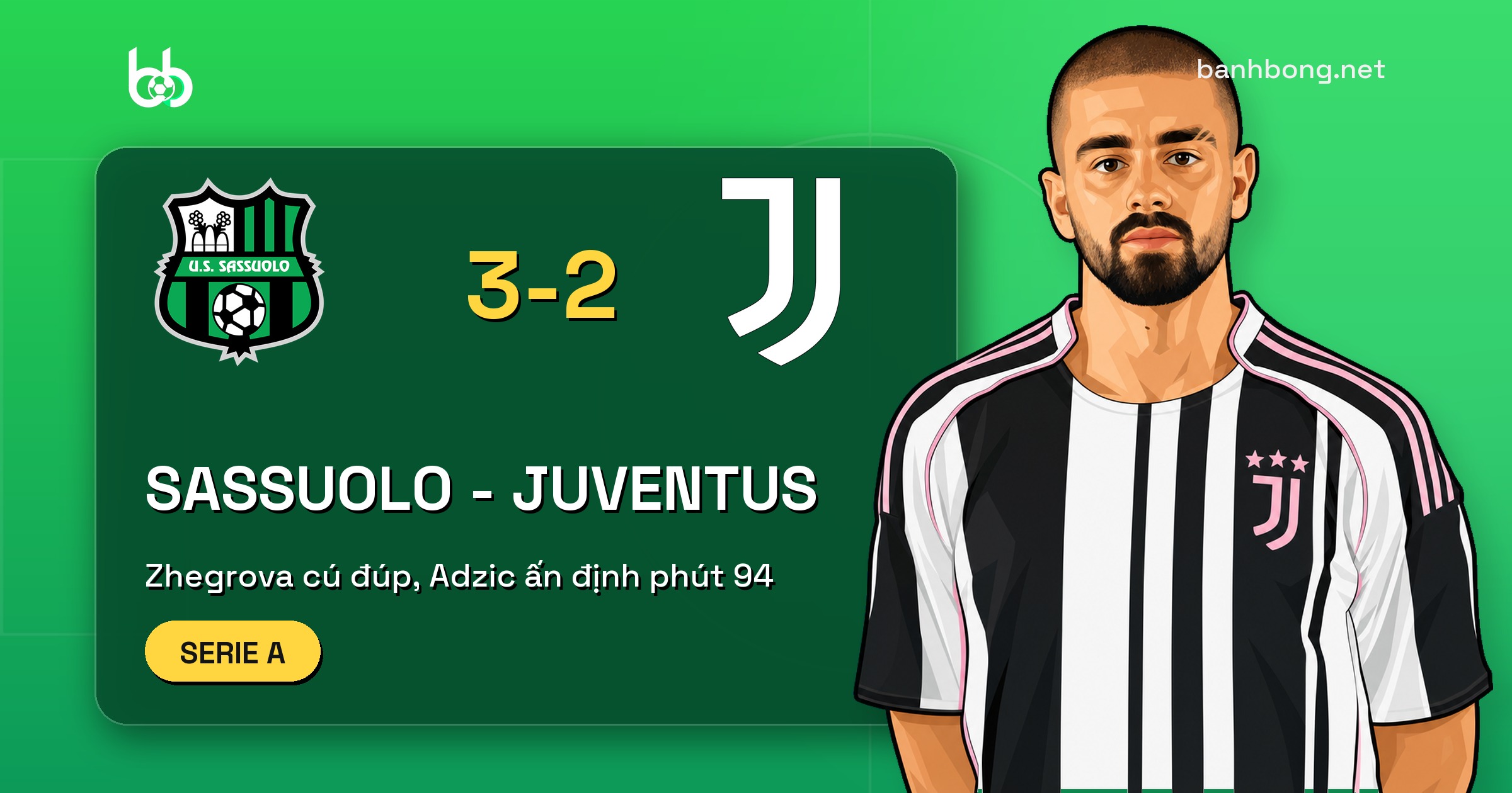 Sassuolo 3-2 Juventus: Zhegrova lập cú đúp, Adzic ghi bàn phút 94