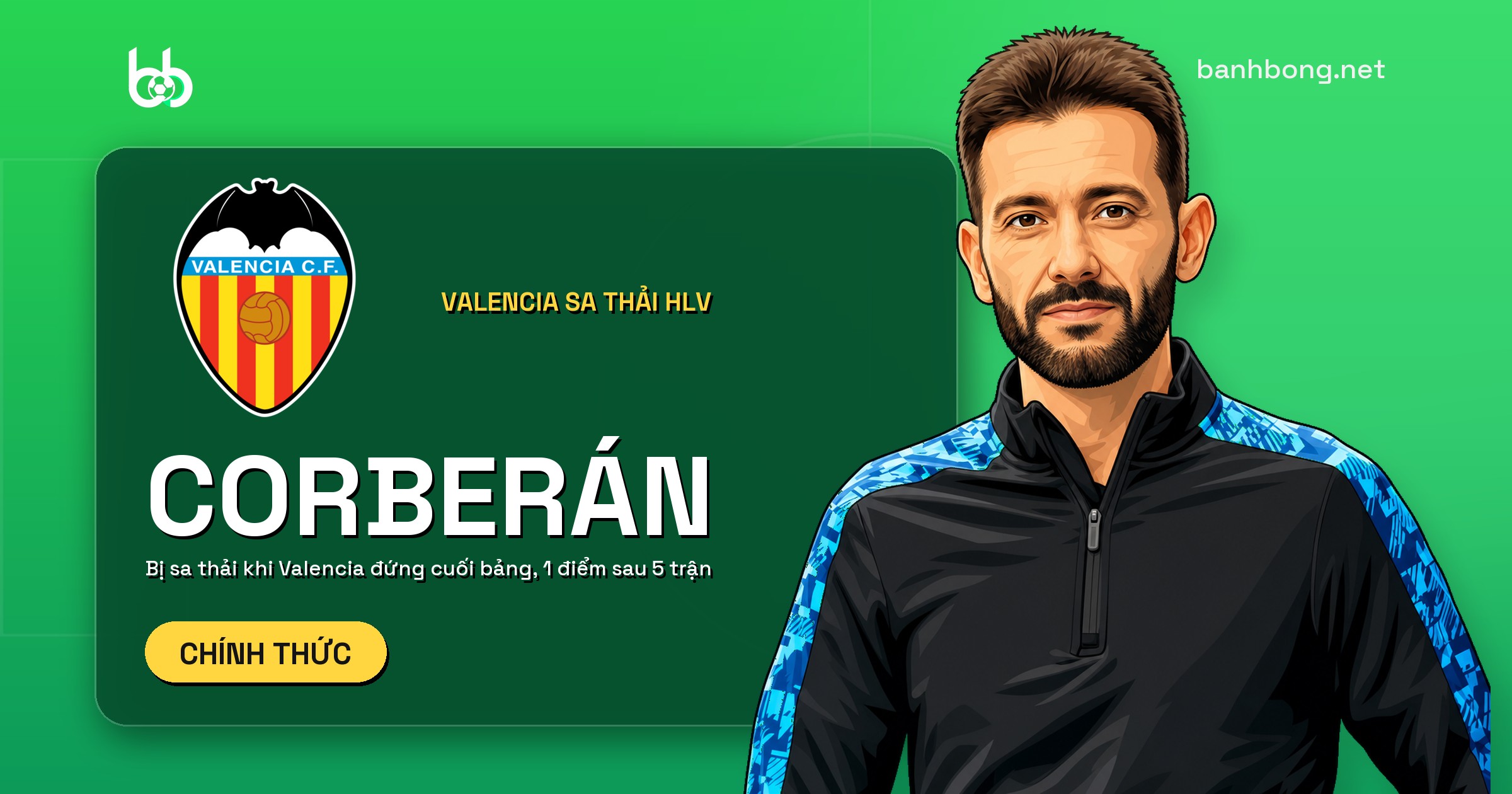 Valencia sa thải HLV Carlos Corberán sau 5 trận không thắng